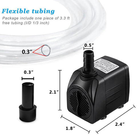 160GPH Whisper Quiet Submersible Fountain Pump With 3.3 Ft Tubing dimensions and parts