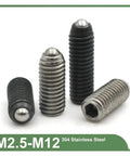 Top Shelf Hex Socket Spring Plunger Set Screw Precision Ball Grub Point Positioning Fastener Grade 12.9 Carbon Steel And 304 Stainless Built Tough No Wiggle Room Quick Install Kit, four different sizes shown.