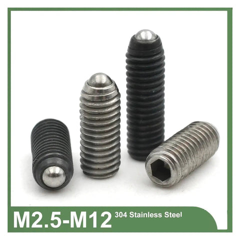 Top Shelf Hex Socket Spring Plunger Set Screw Precision Ball Grub Point Positioning Fastener Grade 12.9 Carbon Steel And 304 Stainless Built Tough No Wiggle Room Quick Install Kit, four different sizes shown.