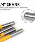 One Quarter Inch Shank Router Bits Set, 15 Piece Tungsten Carbide Woodworking Kit, close-up of 1/4-inch shank detail