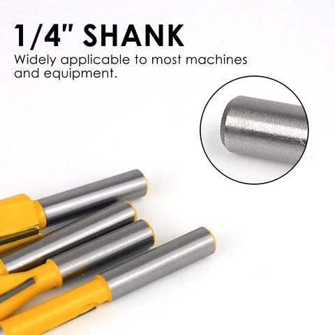 One Quarter Inch Shank Router Bits Set, 15 Piece Tungsten Carbide Woodworking Kit, close-up of 1/4-inch shank detail