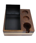 Professional Grade Wooden Espresso Knock Box And Sleek Tamping Station With Beefy Stand Base For Real Hustle Fits Standard 58mm Portafilters Home Barista Setup with black liner and three recessed holes.