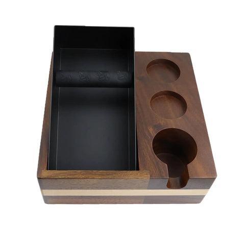 Professional Grade Wooden Espresso Knock Box And Sleek Tamping Station With Beefy Stand Base For Real Hustle Fits Standard 58mm Portafilters Home Barista Setup with black liner and three recessed holes.