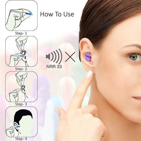 Instructions on using Ultra Comfy Soft Foam Earplugs For Sleeping Snoring Travel Work And Shooting With 33 dB NRR Made In USA