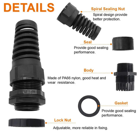 Detailed view of 2 Pack NPT 1 Inch IP68 Waterproof Cable Gland With Nylon Joint And Adjustable Locknut Flex Spiral Strain Relief Gaskets
