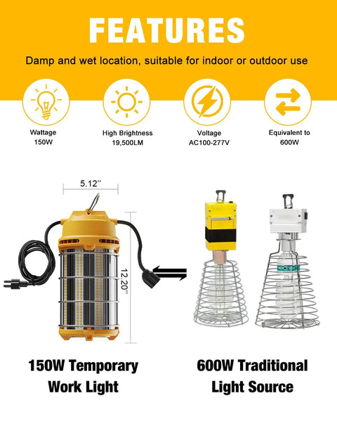 Ultra Bright LED Temporary Work Light 150W 5000K Daylight White, 19,500 Lumens comparison with traditional light