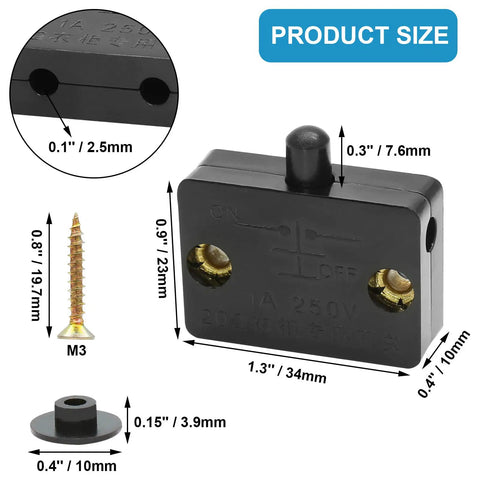 Dimensions and components of Black Cabinet Lamp Switch 2 Pack Automatic Door Light Switch For Wardrobe Closet Pantry