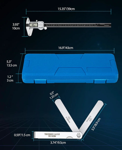 Housolution 12in digital caliper with LCD display, blue storage case, and three feeler gauge blades