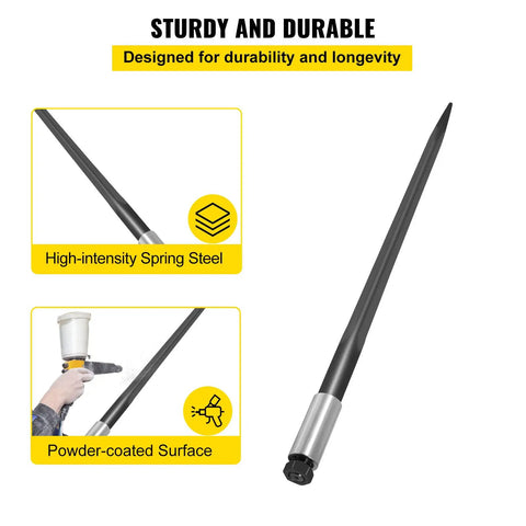 Beefed Up 39 Inch Hay Bale Spear with 3600 Pound Capacity Quick Attach showing black coated spring steel and powder-coated surface