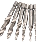 Front view of Six Piece 1/4 Inch Hex Shank Drill And Tap Bit Set With HSS 4341 Performance Deburr Countersink For Wood Aluminum Iron And More.