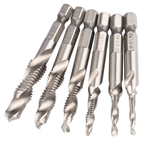 Front view of Six Piece 1/4 Inch Hex Shank Drill And Tap Bit Set With HSS 4341 Performance Deburr Countersink For Wood Aluminum Iron And More.
