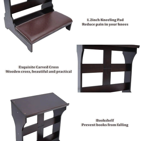 Wooden Prayer Kneeler Bench With Cushion Pad For Home Or Church, Easy Assembly Kneeling Chair With Shelf, Sturdy Pine Wood Praying Stool 23W X 20D X 32H shown close-up with cushioned pad, carved cross, and bookshelf.