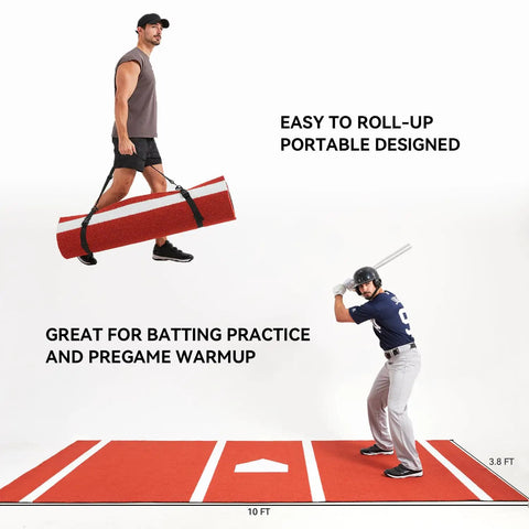 Backyard Baseball Hitting Mat For Practice, 3.8ft By 10ft Artificial Turf With White Batters Box Lines, rolled and ready for play