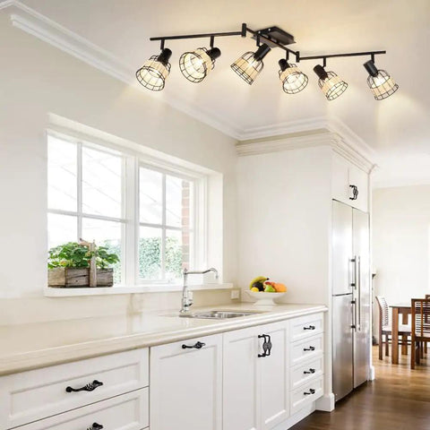 Six Light Bamboo LED Track Lighting Kit With Rattan Cage Industrial Ceiling Spotlight for kitchen island in vintage style