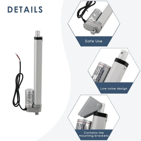 Beefy 12V DC Electric Stroke Linear Actuator With Mounting Bracket, 900N Lift, showing aluminum motor and design features