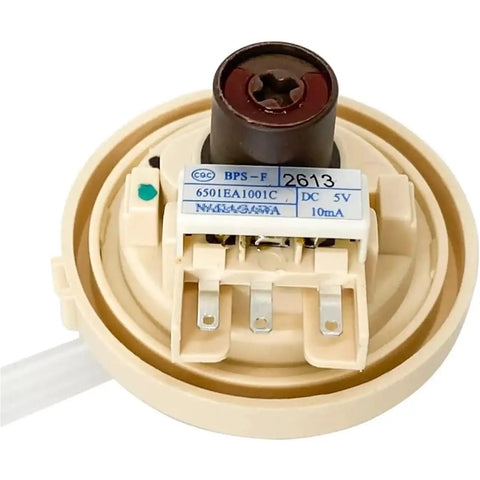 6501EA1001C Real Time Water Level Sensor Switch For Washing Machines High Precision Durable Component No Fuss Easy Install Real Time Monitoring During Wash Rinse And Drain Cycles For Top Notch Water Control And Long Lasting Performance., front view of beige plastic washing machine water level sensor switch with 3 terminals
