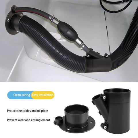 Gear Up For Smooth Sailing With This Boat Cable Management ABS Conduit Combo Pack Marine Wire Protection Sleeve showing black corrugated tubing and connection fittings.