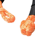 Close-up of 4 Pack 1/2 Inch Synthetic Soft Shackle Rope With Protective Sleeve And Aluminum Snatch Recovery Rings 38,000 Lbs Capacity For Off Road Recovery Marine Farming Industrial Mining Orange And Black