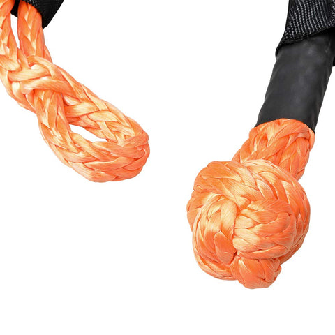 Close-up of 4 Pack 1/2 Inch Synthetic Soft Shackle Rope With Protective Sleeve And Aluminum Snatch Recovery Rings 38,000 Lbs Capacity For Off Road Recovery Marine Farming Industrial Mining Orange And Black