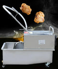 Workhorse 55 Liter Mobile Fryer Oil Filter Cart With Slick 550 Watt Pump, stainless steel with frying oil in action.