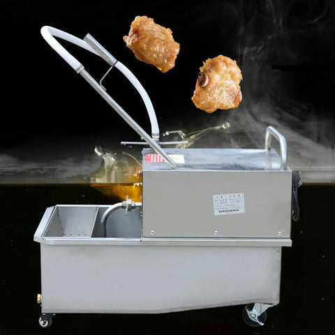 Workhorse 55 Liter Mobile Fryer Oil Filter Cart With Slick 550 Watt Pump, stainless steel with frying oil in action.