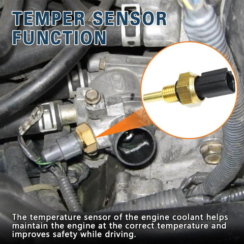 Installed coolant temperature sensor in engine; brass threaded sensor with black electrical connector (close-up inset)