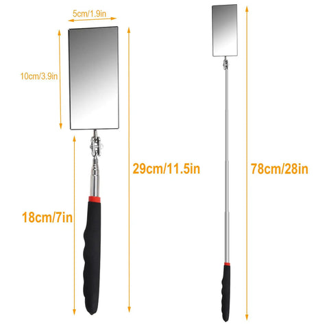 Extendable Inspection Mirror 12 To 30 Inch Reach Flexible Rectangle Mirror With Retractable Long Handle shown in compact and extended length