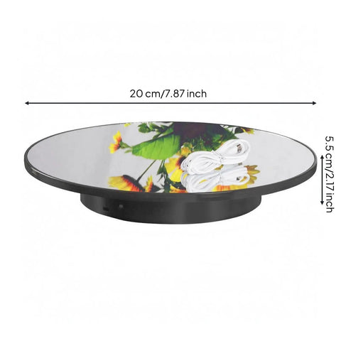 Stunning Black Mirrored Electric Turntable Rotating Stand For Jewelry Product Showcasing Smooth USB Powered Professional Photography Display With 360 Spin And Sleek Design, 20 cm diameter.
