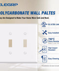 2-Gang Toggle Switch Wall Plate Set Mid-Size Unbreakable Polycarbonate Cover For Toggle Dimmer Light Switches UL Listed Glossy White 5 Pack Durable Impact Resistant Faceplate With Smooth Edges For Easy Cleaning displayed with installation features.