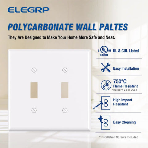 2-Gang Toggle Switch Wall Plate Set Mid-Size Unbreakable Polycarbonate Cover For Toggle Dimmer Light Switches UL Listed Glossy White 5 Pack Durable Impact Resistant Faceplate With Smooth Edges For Easy Cleaning displayed with installation features.