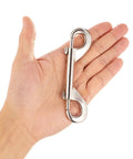Double-ended bolt snap hook, silver metal, 4.7-inch length, held in hand