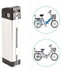 Heavy Duty Battery Box Built Rock Solid For Electric Bikes With Sturdy Aluminum And Plastic Housing shows 36V 48V battery with charging socket.
