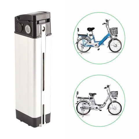 Heavy Duty Battery Box Built Rock Solid For Electric Bikes With Sturdy Aluminum And Plastic Housing shows 36V 48V battery with charging socket.