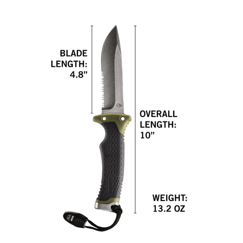 Ultimate Survival Knife With Fixed Blade And Combo Edge Fire Starter Ferro Rod Whistle And Sheath With Integrated Sharpener