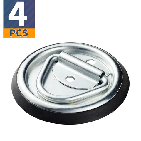 Heavy Duty D Ring Tie Down Anchors Four Inch Flush Surface Mount Hardware Four Pack For Trailers Trucks And Pickup Campers Hella Tough With Two Thousand Lbs Breaking Strength Secure Your Rig Solid Now, close-up of a single anchor.