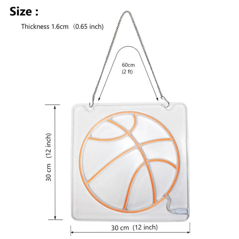 Basketball Neon Sign LED Light 11.8 Inch for Bedroom Decor and Game Room Aesthetic, displays clear size dimensions