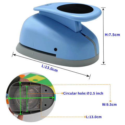 Two And A Half Inch Circle Hole Punch Cutter for Paper Crafts with ergonomic lever, showing dimensions and circle diameter details.