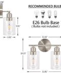 Dimensions of Two Light Brushed Nickel Bathroom Vanity Light With Clear Glass Shades, Indoor Wall Sconce Fixture, E26 Base shown.