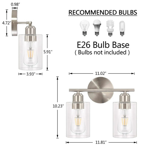 Dimensions of Two Light Brushed Nickel Bathroom Vanity Light With Clear Glass Shades, Indoor Wall Sconce Fixture, E26 Base shown.