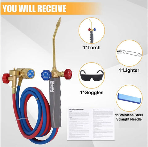 Heavy Duty Welding Torch With Adjustable Flame And Built In Igniter For MAPP Oxygen Or Propane, kit with safety glass