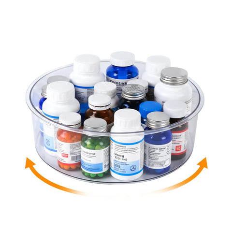 Large Capacity Medicine Bottle Organizer For Cabinet With 9 In Diameter And 3.3 In Height, filled with various pill bottles.