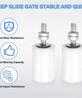 Two white Eight Pack Sliding Gate Guide Rollers with Nylon Wheels, 1.57 Inch Diameter by 2.36 Inch Length, side view.