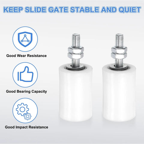 Two white Eight Pack Sliding Gate Guide Rollers with Nylon Wheels, 1.57 Inch Diameter by 2.36 Inch Length, side view.