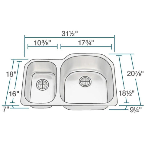 Undermount Stainless Steel Double Bowl Kitchen Sink, 31.5 Inch, 16 Gauge, 304-Grade Built Tough With Noise-Reducing Pads, D-Shape Bowls And Front-Aligned Prep Bowl For Easy Offset Faucet Setup, dimensions diagram