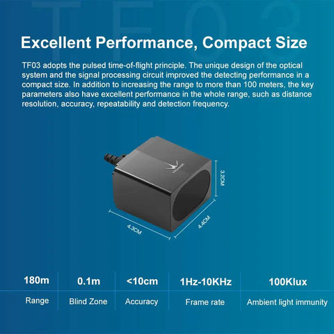 TF03-180 Long Range LiDAR Sensor With 180 Meter Reach IP67 Waterproof 100K Lux Rangefinder Rugged Industrial Grade
