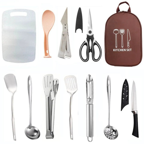 12 Piece Outdoor Camping Cookware Set Stainless Steel Portable Kitchen Tools Including Knives Spatulas Scissors Cutting Boards