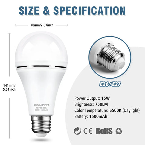 Rechargeable Emergency LED Bulbs With 1500mAh Battery Backup For Power Outages 15W 80W Equivalent 6500K Daylight Self Charging