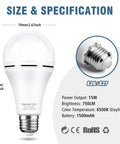 Rechargeable Emergency Light Bulbs With 1500mAh Battery Backup For Power Outages 15W 80W Equivalent LED Bulbs 6500K Daylight