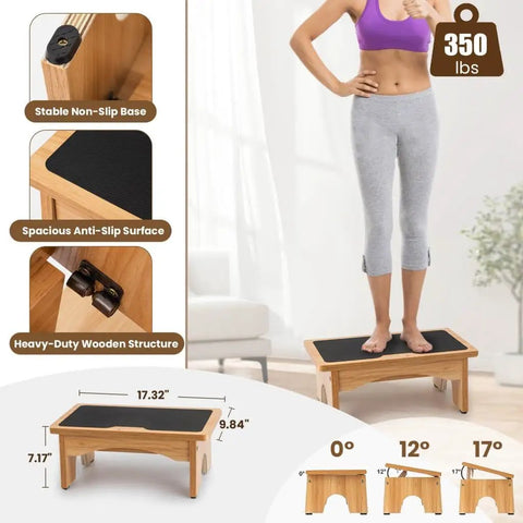 Under Desk Adjustable Foot Rest With Three Level Incline, 7 Inch Wooden Foot Stool For Home And Office, woman standing on stool