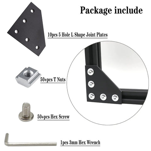 10 Piece L Shaped Corner Brackets For 20x20 Aluminum Extrusion 2020 Series DIY Friendly With 5 Hole Joints Includes 50 M5 T Nuts 50 M5x8mm Screws And 1 Wrench For 6mm Slot Rails Heavy Duty 6063 Aluminum And Galvanized Hardware, package contents